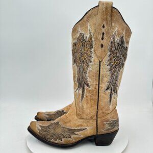 Corral Boots Women 7.5M Tan Leather Angel Wing Embroidery Western Cowboy Boots